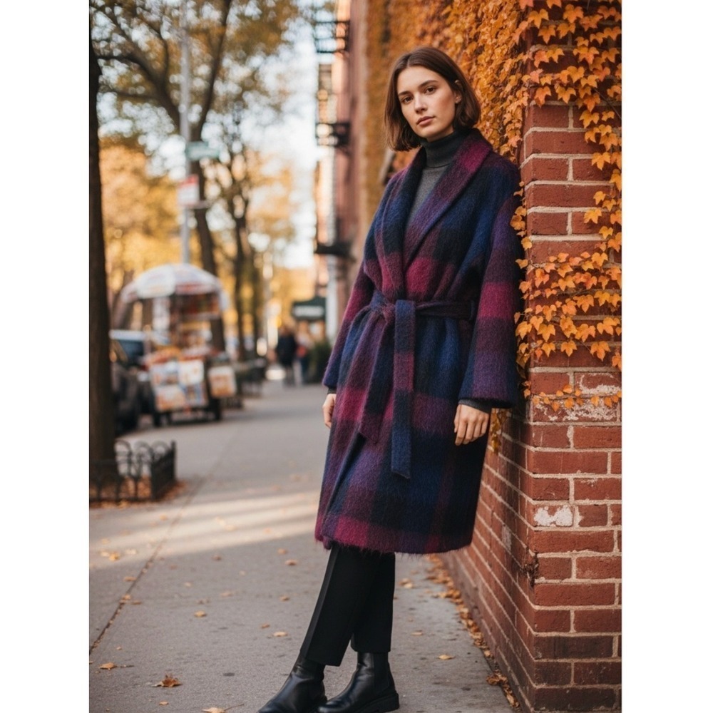 Vince Brushed Plaid Wool Blend‎ Belted Coat Women's L Luxury Jacket